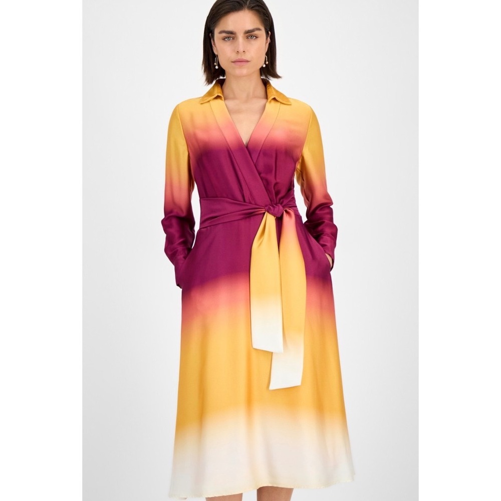 Tahari ASL Hammered Satin Ombre Shirtdress Wild Berry Wheat DYM158 Size 6